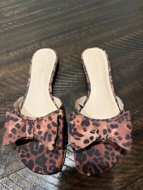 Jessica Simpson Leopard Print Bow Slide Sandals in Brown and Black